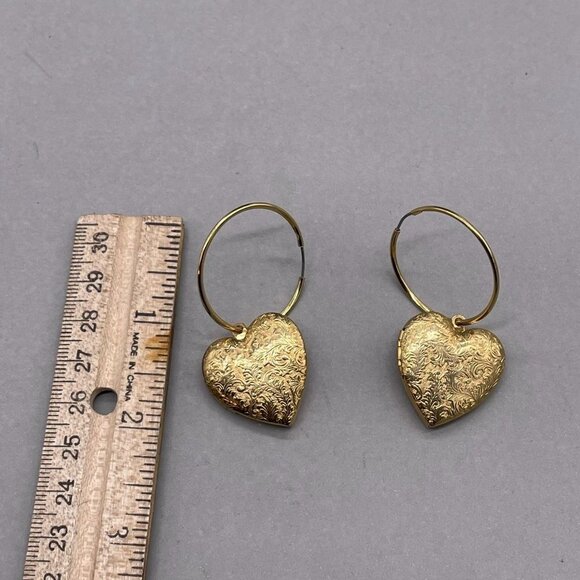 Textured Engraved Heart Locket Charm Hoop Earrings Gold Tone Japan - Picture 2 of 4